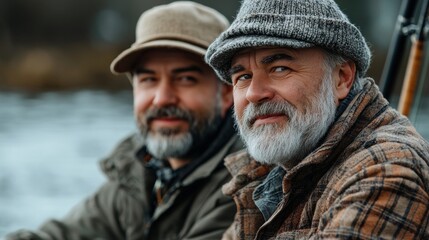 Fototapeta premium Big game fishing. fly fish hobby of men. retirement fishery. happy fishermen friendship. Two male friends fishing together. Catching and fishing. retired dad and mature bearded son.