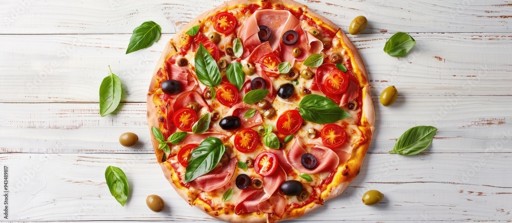 Aufkleber A delicious pizza topped with cured ham olives tomatoes and basil arranged on a white wooden table in a flat lay composition with room for adding text in the image. Creative banner. Copyspace image
