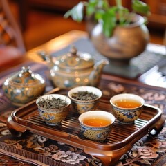 Fototapeta premium A serene tea setting featuring a teapot and cups filled with steaming tea, surrounded by decorative teaware on a wooden tray.