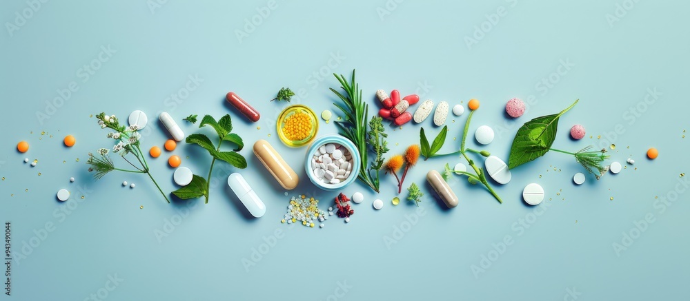 Aufkleber Flat lay view from above showing alternative homeopathic remedies herbal supplements healthcare items and pills neatly arranged in a container with an opened protective membrane creating a copy space