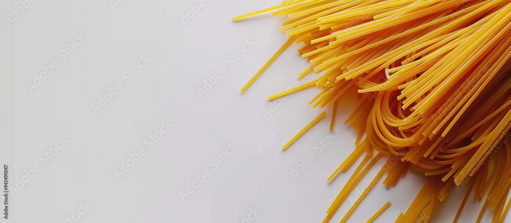 Poster Top view of uncooked spaghetti on a white backdrop with space for adding images known as a copy space image