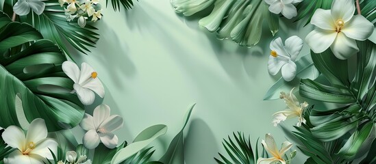A light green background adorned with tropical leaves and flowers creates a summer themed copy space image