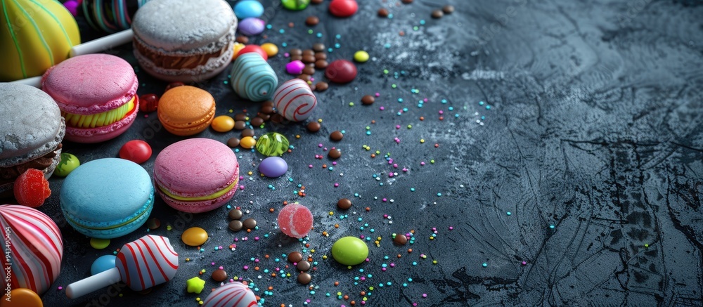 Poster colorful candies lollipops and macaroons displayed with copy space image on a stone surface