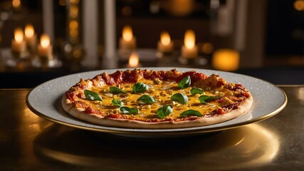 stock photography ciprianis gold pizza with a background of expensive fine dining restaurant