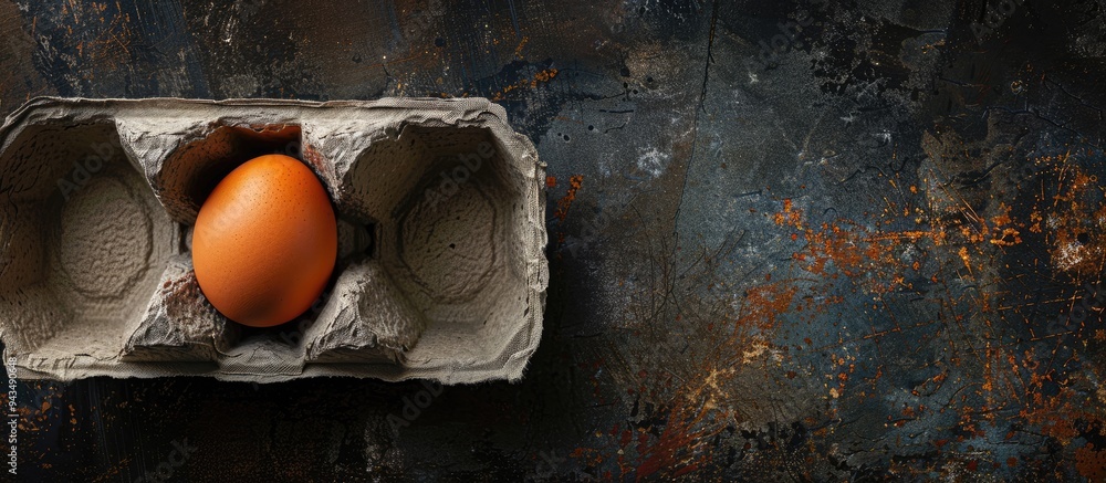Poster Egg in carton box on a dark textured background with space for copy image