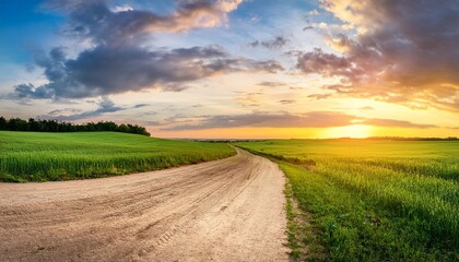 Obraz premium beautiful summer rural landscape panorama of summer green field with empty road and sunset cloudy sky