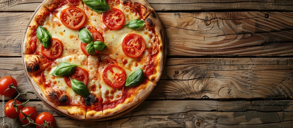 Poster classic pizza margherita topped with slices of juicy tomatoes gooey melted cheese and fresh basil le