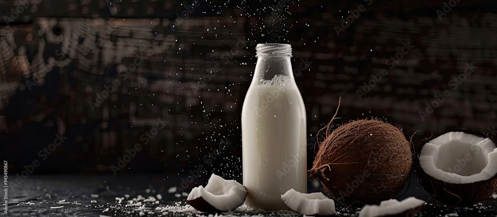 Aufkleber closeup of a delicious fresh coconut milk bottle against a black backdrop with space for text or ima
