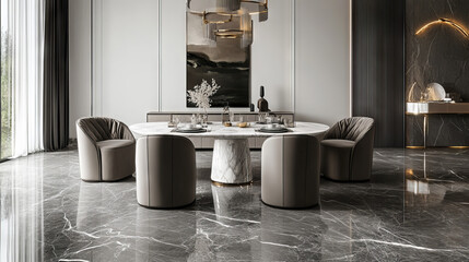 3D rendering of a white luxury modern living interior featuring a dining table with a set, decorated with elegant details and grey marble flooring. 
