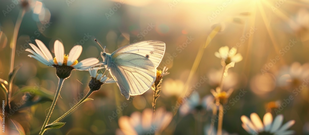 Aufkleber A white butterfly perches on a flower in a sunlit field on a summer day creating an ideal copy space image