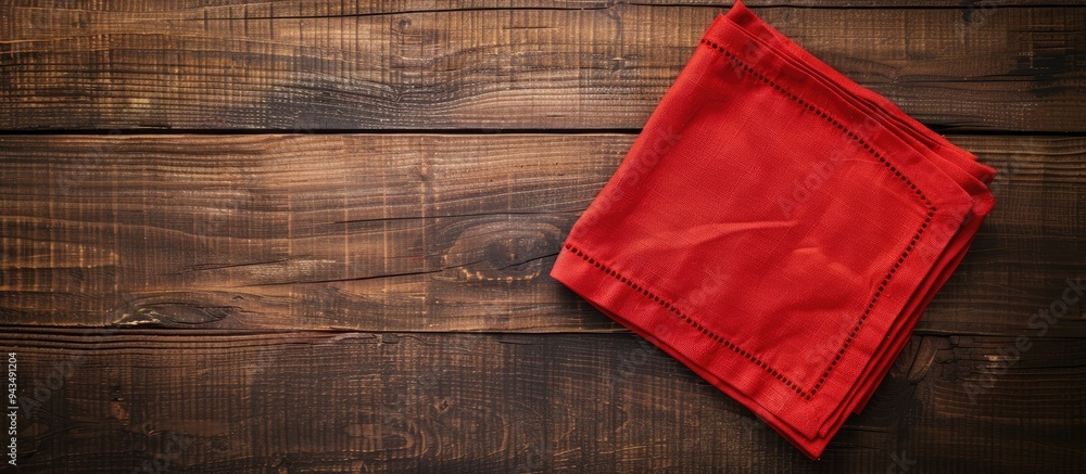 Fototapete overhead shot of a red kitchen napkin on a table isolated tidy cloth for mockup with a blank area fo
