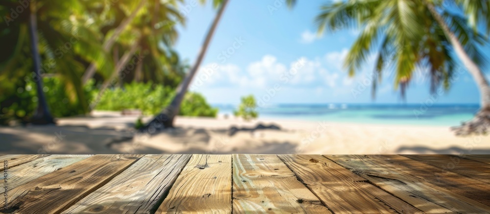 Aufkleber empty wooden table in foreground against a blurry tropical beach backdrop with coconut palms ideal f