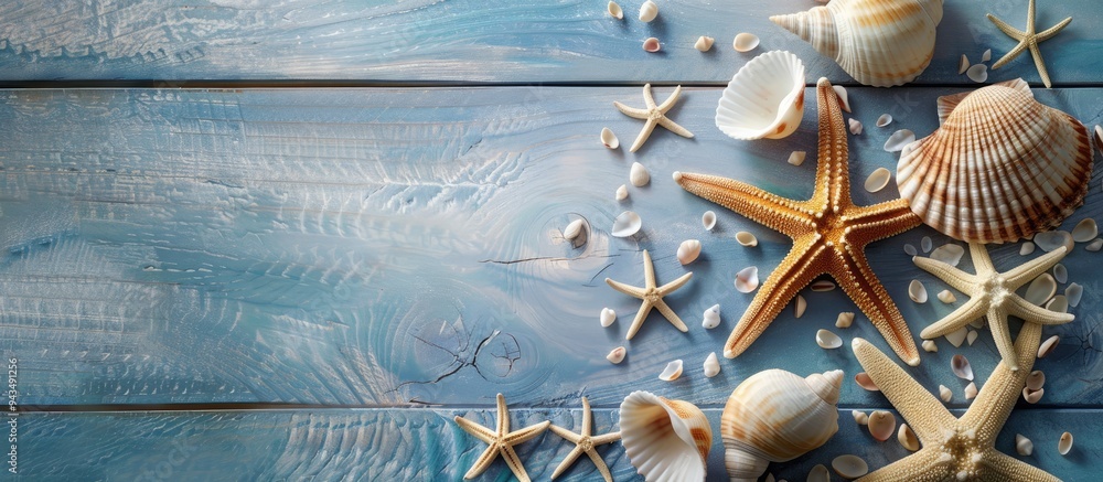 Poster Table background with sea shells or starfish representing a summer theme ideal for texts with a copy space image