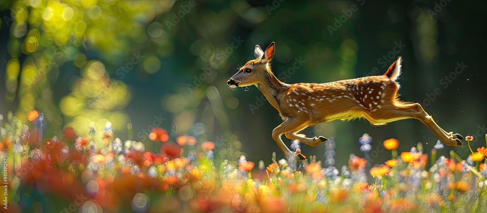 Poster roe deer leaping gracefully across a meadow filled with colorful flowers with ample copy space image