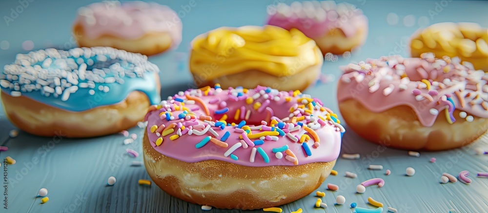 Fototapete colorful donuts topped with various sprinkles on display in this appetizing copy space image