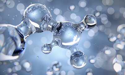 A close-up of a molecule-shaped water droplet with bokeh background.