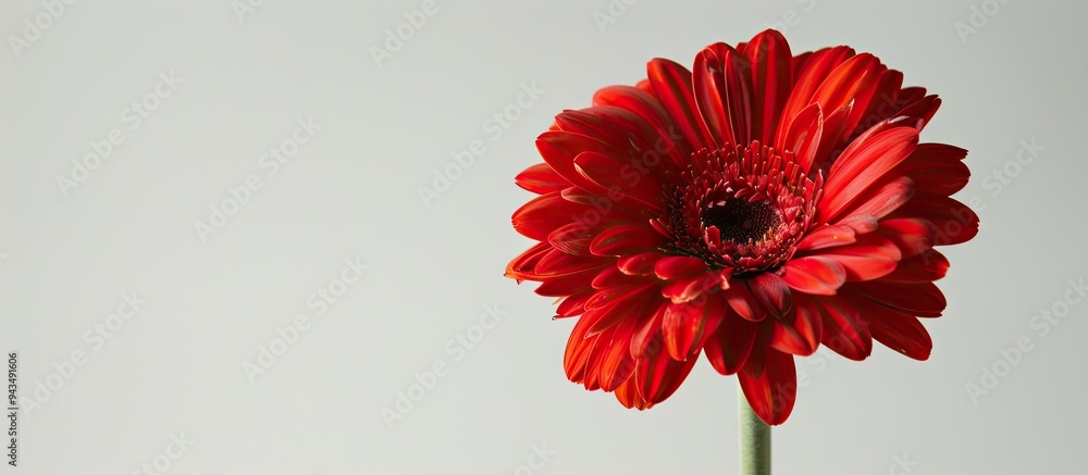Poster close up studio photograph of a vibrant red gerbera flower on a white background with copy space ima