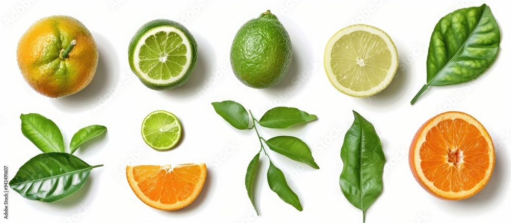 Aufkleber set of green leaves from various citrus fruits isolated on a white background with copy space image