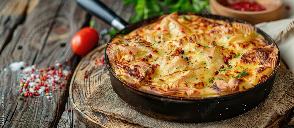 Poster A delicious Khachapuri cake with cheese and meat fried in a pan highlighting authentic Georgian cuisine displayed on a rustic brown concrete background with an open space for additional content