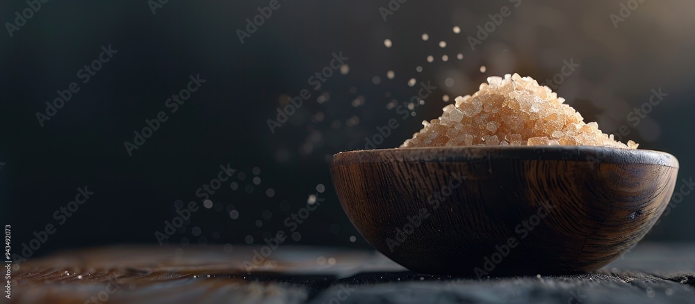 Leinwandbilder On a dark backdrop lies cane sugar in a bowl with a blurred background perfect for adding text or other elements in the unused space within the image. Creative banner. Copyspace image