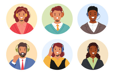 Diverse Group Of Call Center Employees Wearing Headphone Circular Icons Or Avatars. Characters Showing Customer Support