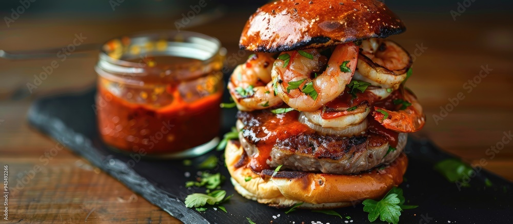 Poster A close up image featuring a burger topped with shrimp and meat on a black napkin with a jar of red sauce next to it providing copy space within the frame