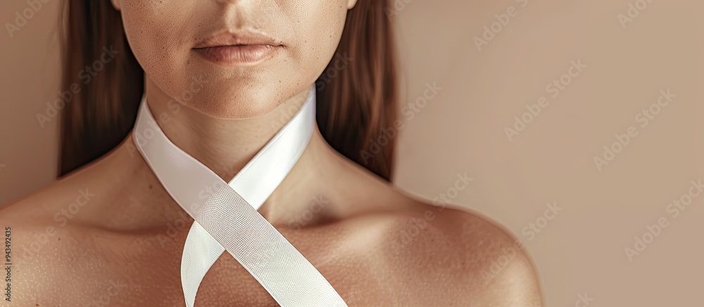 Poster top view of a woman portrayed with a white awareness ribbon on a beige background offering room for 