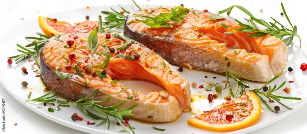 Poster salmon steaks baked and healthy displayed on a white background with room for text or images can be 