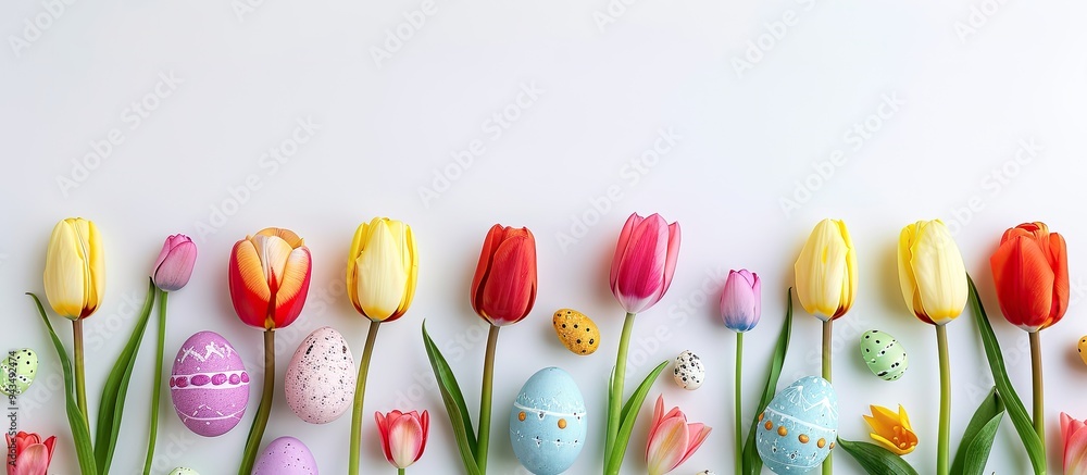 Aufkleber copy space image featuring vibrant tulips and eggs against a white backdrop embodying the essence of