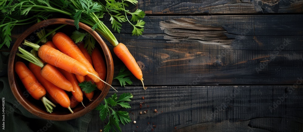 Poster bowl with baby carrots and green leaves on a wooden table with room for a text in the copy space ima