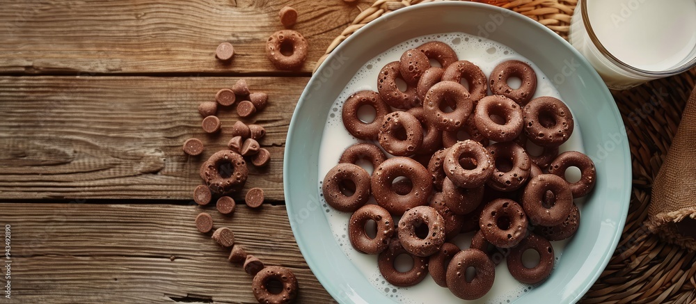 Poster chocolate and corn cereal rings on a plate with milk set against a wooden rustic backdrop offering a