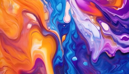 Fototapeta premium abstract marble oil acryl paint background colorful purple blue orange colors with liquid fluid marbled paper texture painting