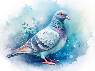 Fototapeta premium pigeon graphic mix with soft watercolor style, whimsical concept, and calming mood featuring pastel blue and white colors with subtle texture and intricate detailing