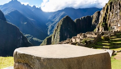 stone podium for product showcase in majestic machu picchu landscape