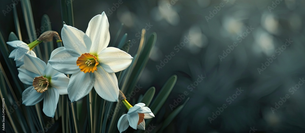 Poster a close up image of white daffodil narcissus flowers in the garden against a dark natural background