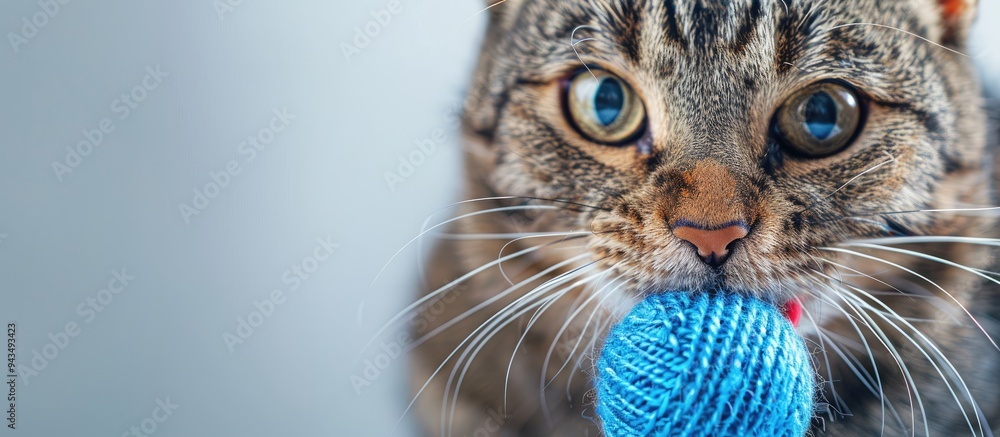 Poster a feline with his cherished toy in its mouth against a white background with copy space image