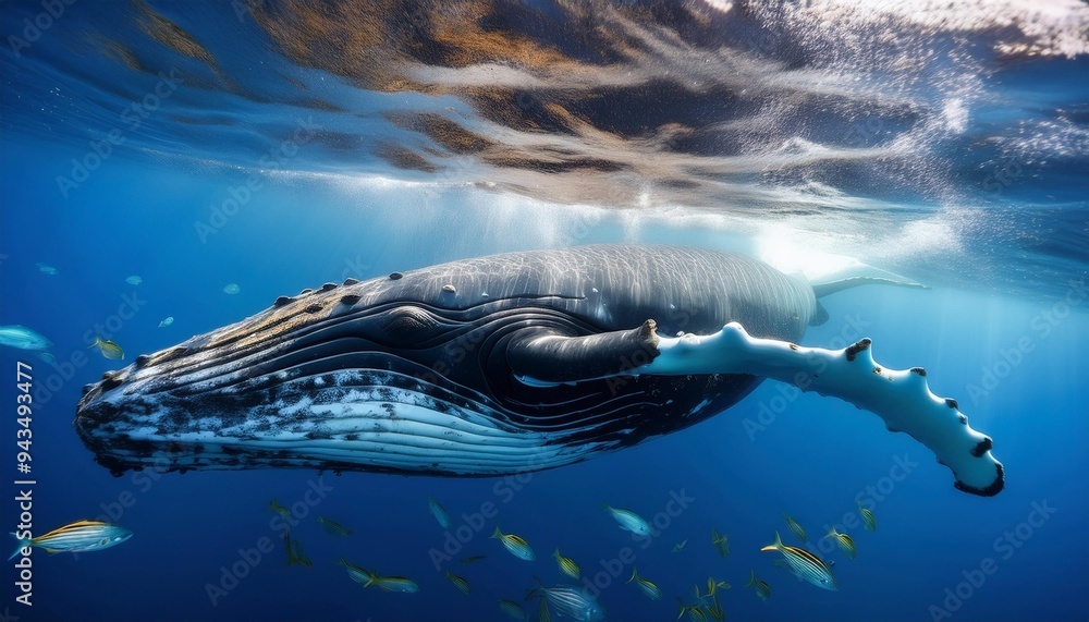 Wall mural humpback whale swimming under the ocean waves with fish