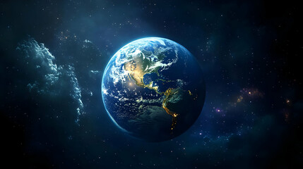 A breathtaking view of Earth from space, showcasing the continents, oceans, and city lights against a backdrop of twinkling stars and celestial clouds.