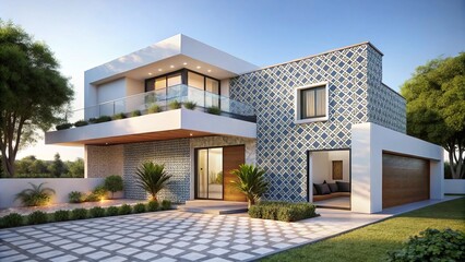 Fototapeta premium Portuguese tile house style modern twist contemporary facade sleek lines minimalist design whitewashed exterior urban concepts