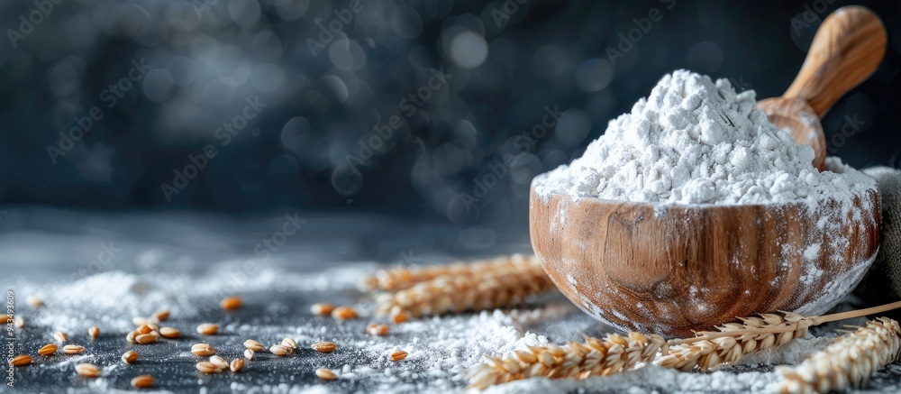 Poster rustic background with a wooden spoon holding flour and wheat grains in a bowl perfect for a copy sp
