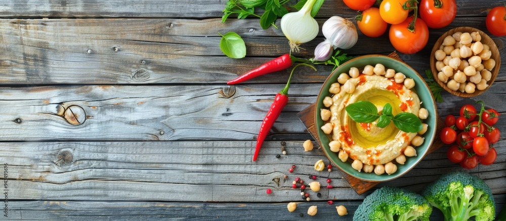 Poster top view of delicious homemade hummus with chickpeas and assorted vegetables displayed on a wooden s