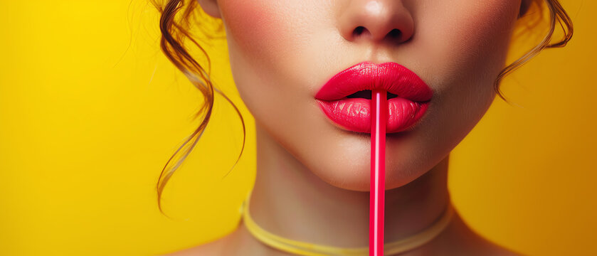 A confident brunette model with striking red lips with red drinking straw.