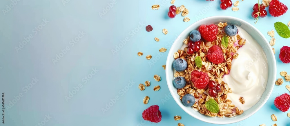 Fototapete a delicious granola breakfast featuring yogurt berries on a light blue table a banner design with op