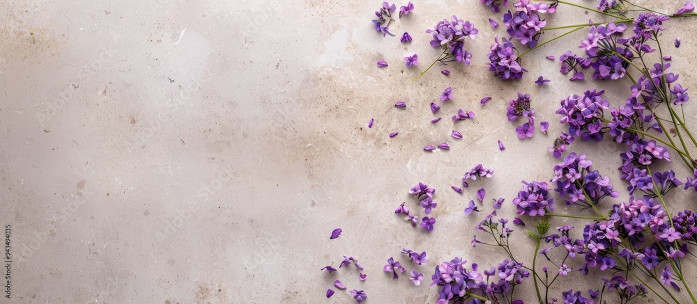 Leinwandbilder Top down perspective of purple blooms against a neutral backdrop Picture includes room for adding text or elements. Creative banner. Copyspace image