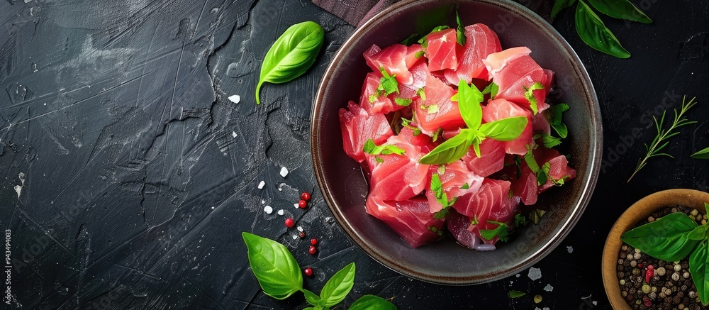 Poster top view of canned tuna garnished with fresh herbs displayed on a dark background with ample copy sp