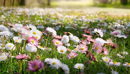 meadow with lots of white and pink spring daisy flowers in sunny day