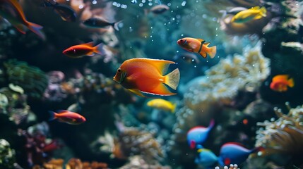 Obraz premium Seascape view of Colorful fishes in the blue ocean. Tropical sea underwater fishes on coral reef. Aquarium oceanarium wildlife colorful marine panorama landscape