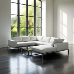 A minimalist living room with a sleek, white sofa, a glass coffee table, and a large, floor-to-ceiling window providing a view of the outdoors. 