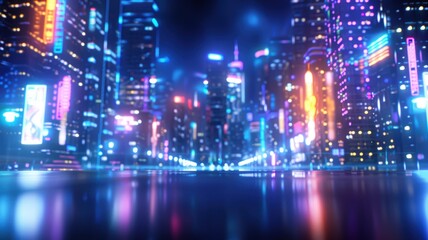 Fototapeta premium Vibrant city skyline at night with colorful neon lights reflecting on water, creating a futuristic urban atmosphere.