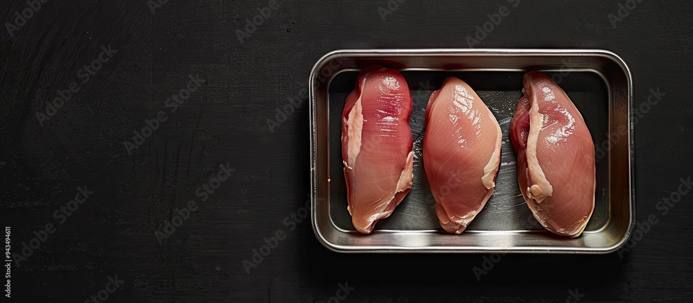 Poster a steel tray holds raw chicken breast fillet steaks with a black background seen from above with spa